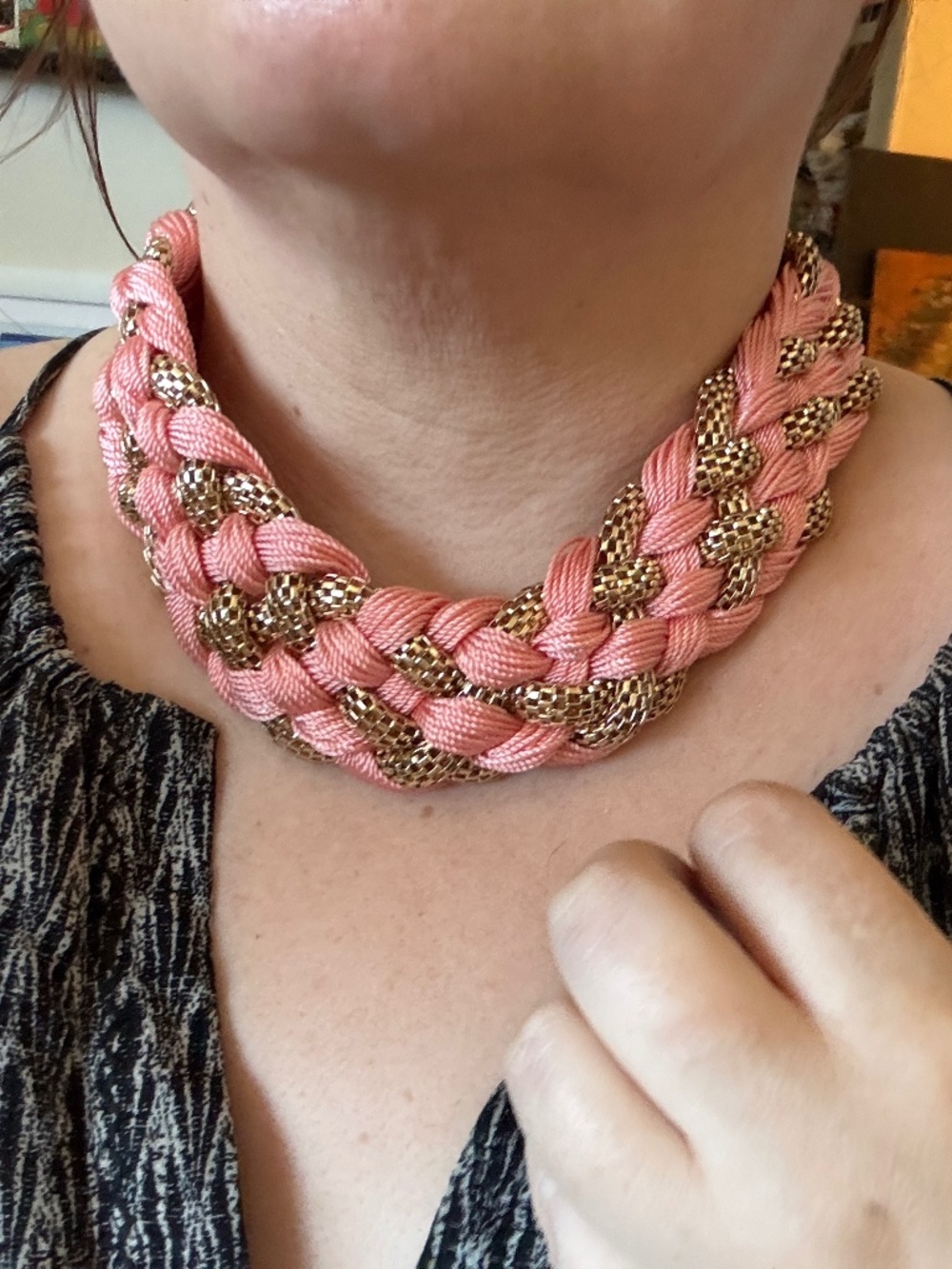 Pink & Gold Tone Braided Chain Choker Necklace Adjustable Lobster Clasp